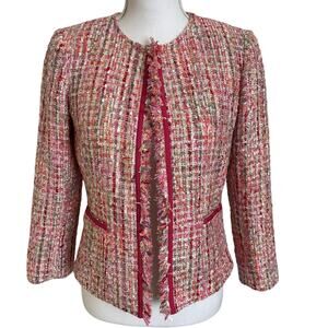 Tahari Arthur S. Levine Jacket Women's Size 2 Pink Multi Boucle Ribbon Fringed